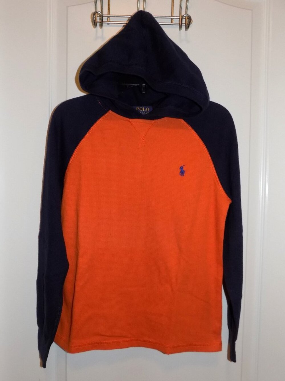 Boys RALPH LAUREN POLO Orange Blue Thermal Knit Hoodie Tshirt 10-12 Like new